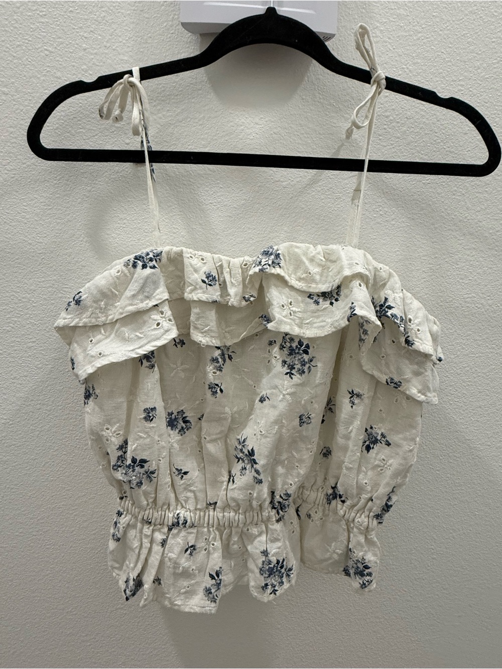 American Eagle Outfitters Cream Floral Eyelet Ruffle Tie-Strap Camisole